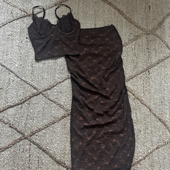 Meshki Brown Lace Crop Top & fitted maxi skirt - Picture 2 of 5